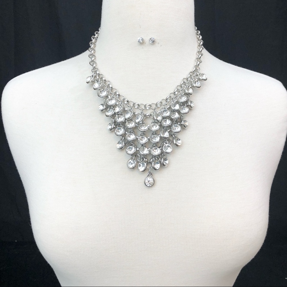 Cascading Rhinestone Silver Bib Necklace Set - Picture 2 of 3